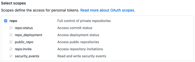 Personal access token with full control of private repositories
